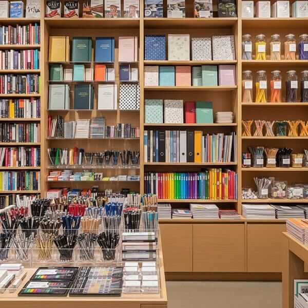 Books and stationery store in Pakistan with shelves of books, notebooks, and school supplies