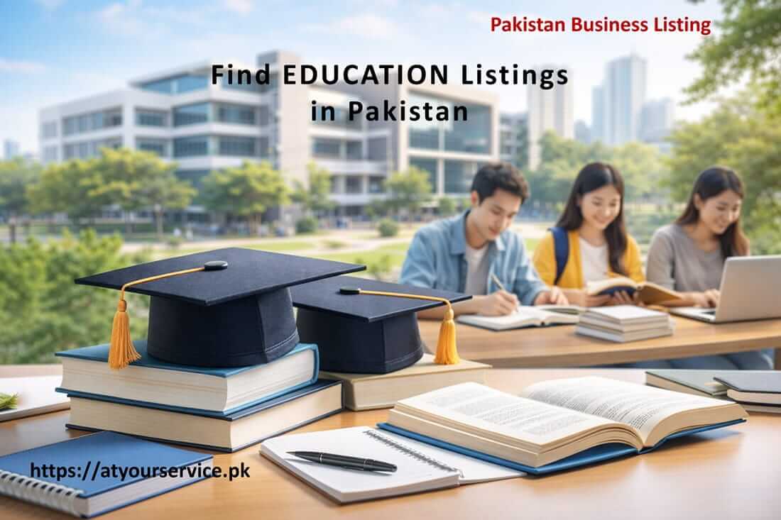 Education services in Pakistan showing students studying on a modern campus with books and graduation caps