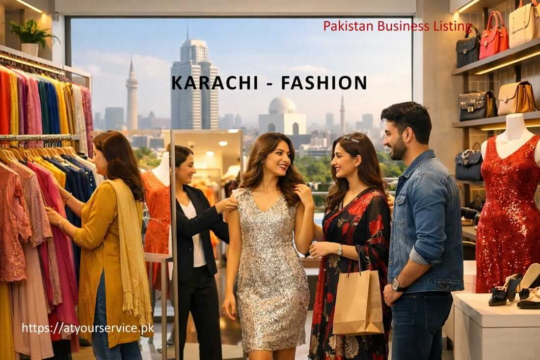 Fashion boutique in Karachi with modern clothing, colorful fabrics, and shoppers browsing stylish outfits