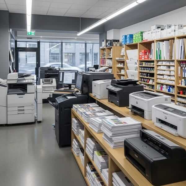 Photostat and printing shop in Pakistan with printers, scanners, and printed documents