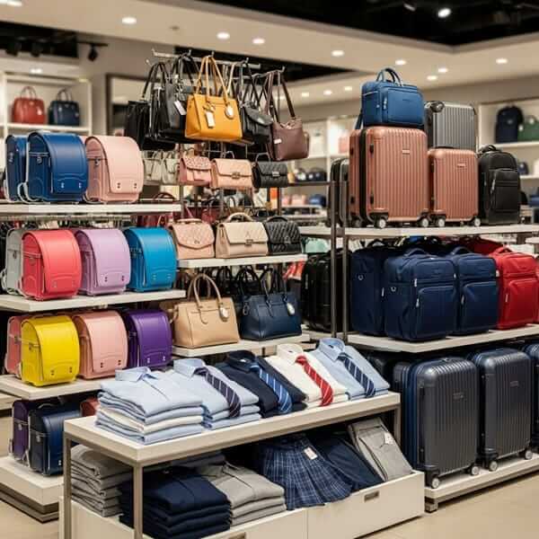 Retail display of school bags and uniforms in Pakistan with neatly arranged products