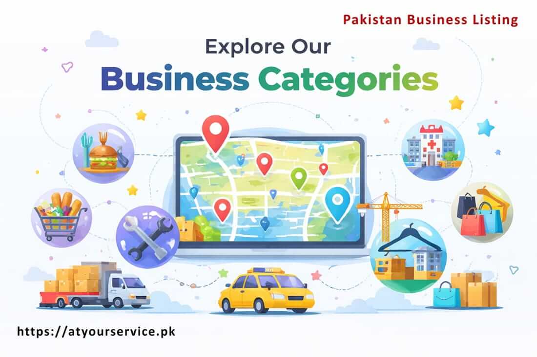 Business categories directory showing multiple services like food, healthcare, shopping, transport, and construction